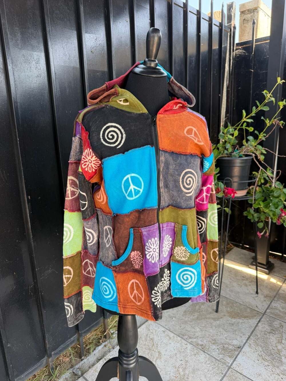 Rising International Patchwork Hoodie Jacket with Peace and Spiral Symbol